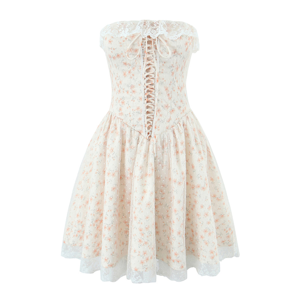 Puffy Slim Fit Tube Top Dress Floral Lace up Waist Controlled Picture Color ZDShop