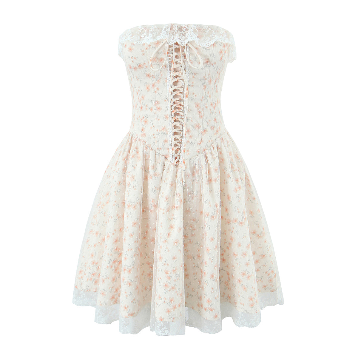 Puffy Slim Fit Tube Top Dress Floral Lace up Waist Controlled Picture Color ZDShop