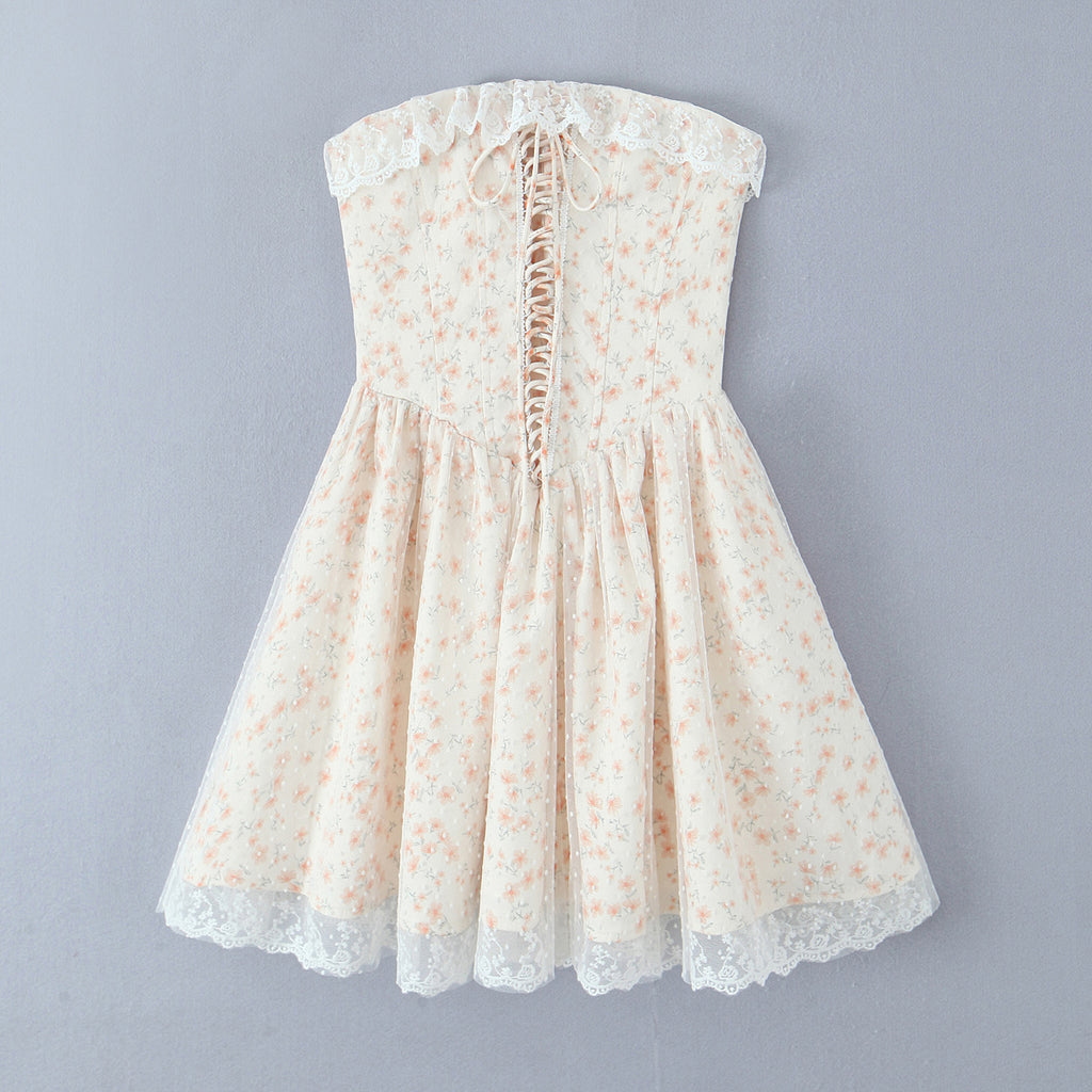 Puffy Slim Fit Tube Top Dress Floral Lace up Waist Controlled Picture Color ZDShop