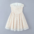 Puffy Slim Fit Tube Top Dress Floral Lace up Waist Controlled Picture Color ZDShop