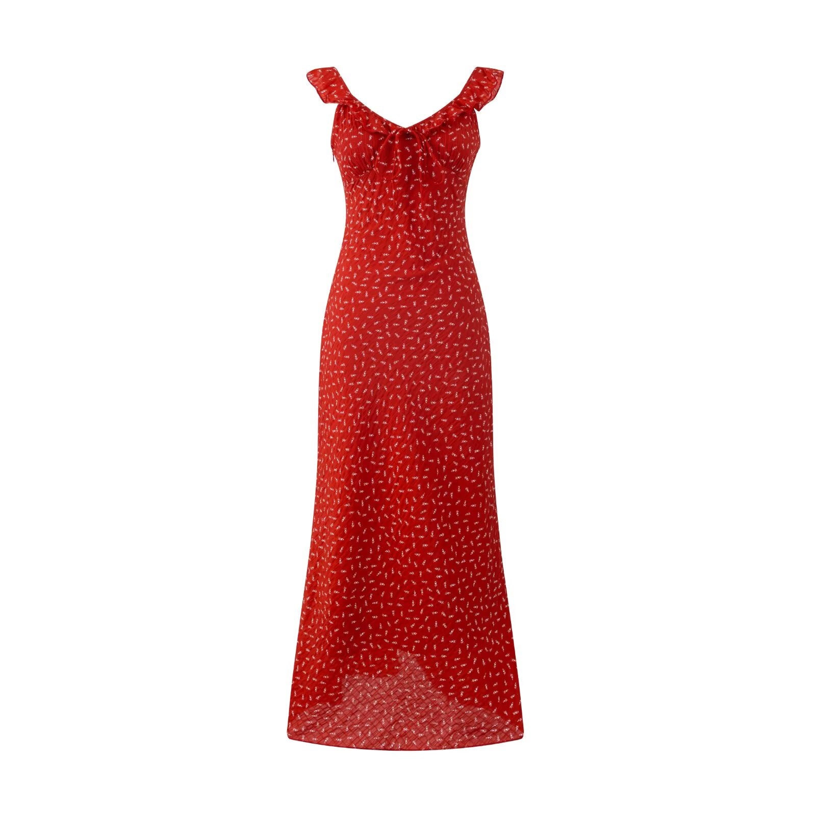 Spring Vacation Elegant Bright Red Floral Printed V neck Maxi Dress PullWind