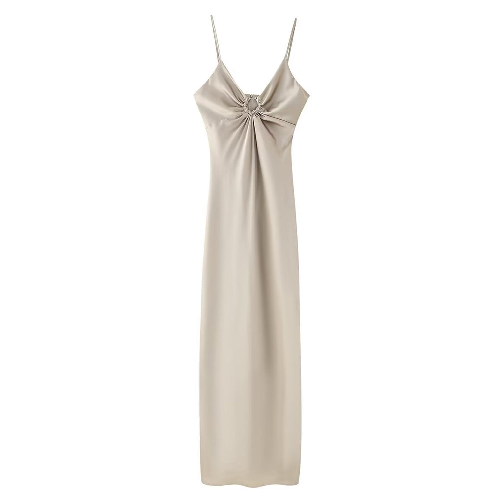 Women Clothing Long Hollow Out Cutout Decorative Satin Sling Dress CHEN