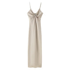 Women Clothing Long Hollow Out Cutout Decorative Satin Sling Dress CHEN