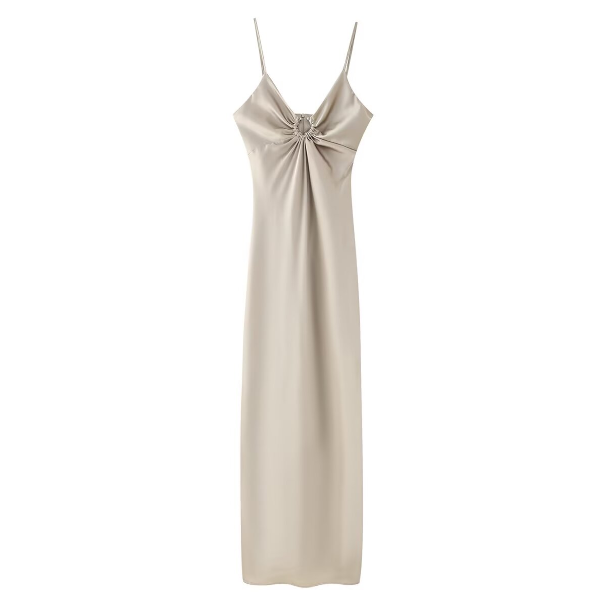 Women Clothing Long Hollow Out Cutout Decorative Satin Sling Dress CHEN