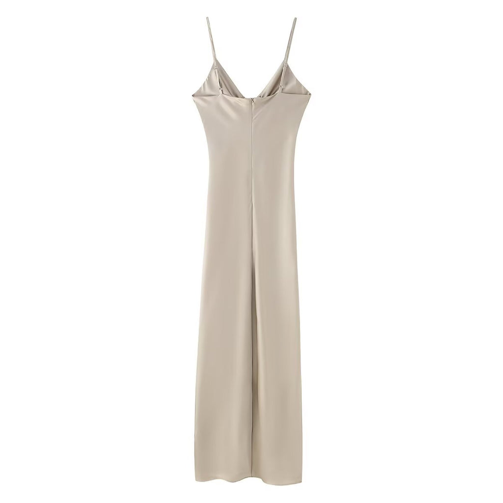 Women Clothing Long Hollow Out Cutout Decorative Satin Sling Dress CHEN