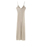 Women Clothing Long Hollow Out Cutout Decorative Satin Sling Dress CHEN
