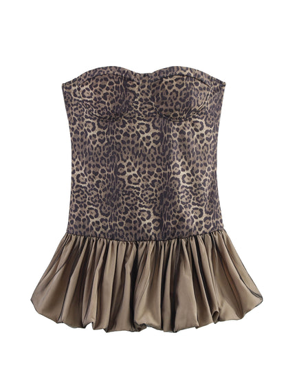 Leopard Splicing Tube Top Pettiskirt Summer Sexy off the Shoulder Party Cocktail Short Dress Slim Fit Mini Dress