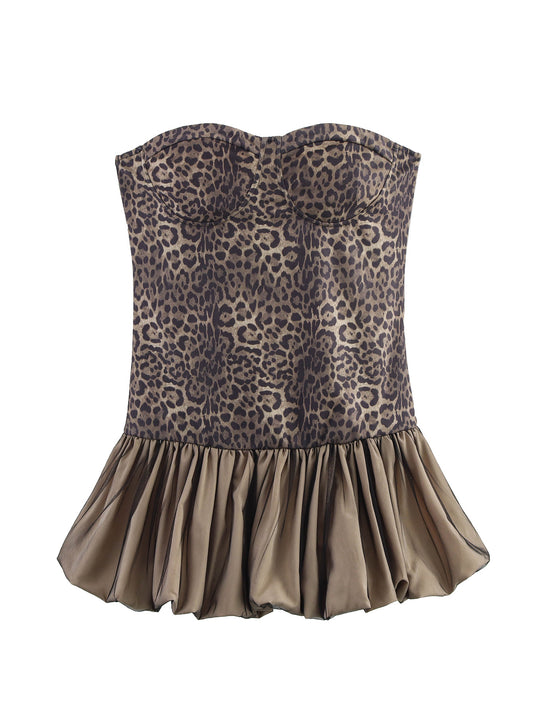 Leopard Splicing Tube Top Pettiskirt Summer Sexy off the Shoulder Party Cocktail Short Dress Slim Fit Mini Dress