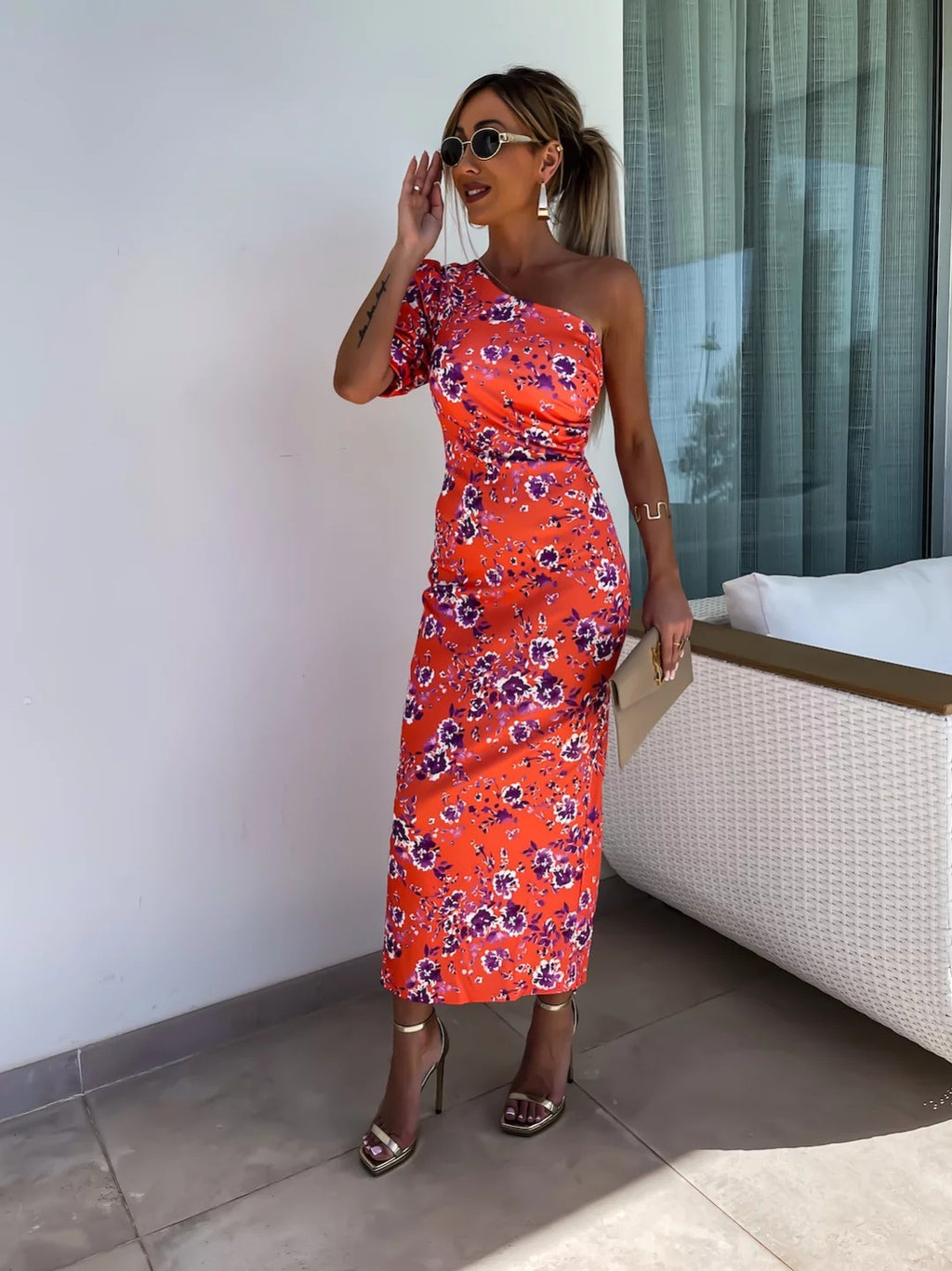 Summer Women Clothing Oblique Shoulder Printed Sheath Fold Split Dress NEWMELANCE