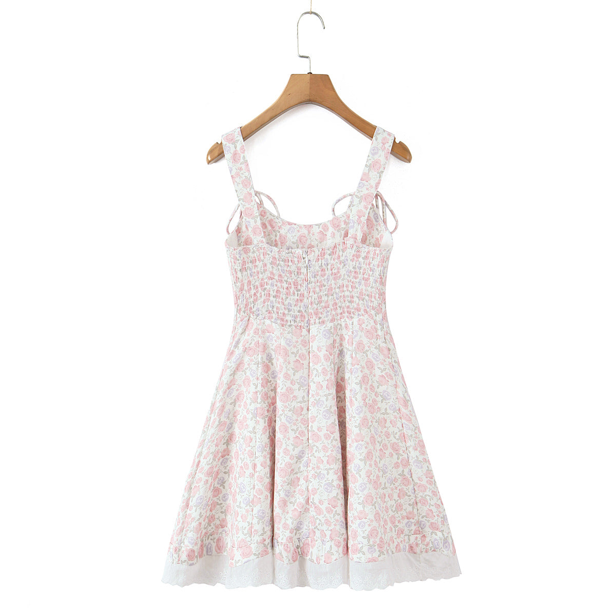 Women Clothing Spring Summer Pink Double Layer Strap Elastic Smocking Princess Dress ZDShop