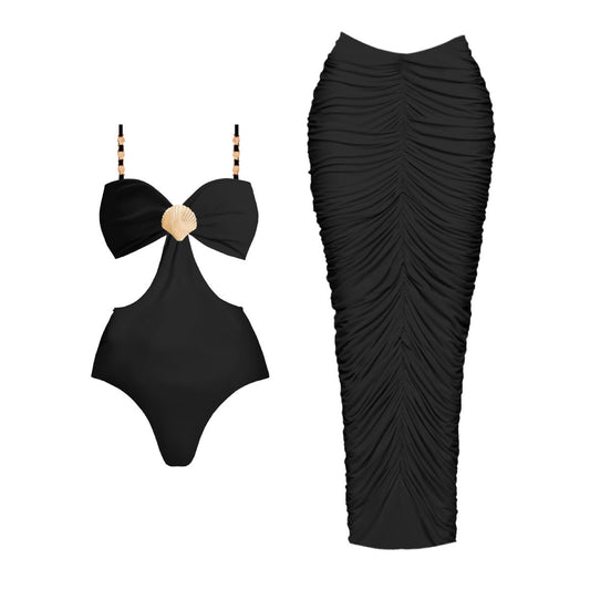 Traje de baño de bikini de cintura alta de una pieza con top de tubo negro puro para mujer, sexy, sin espalda