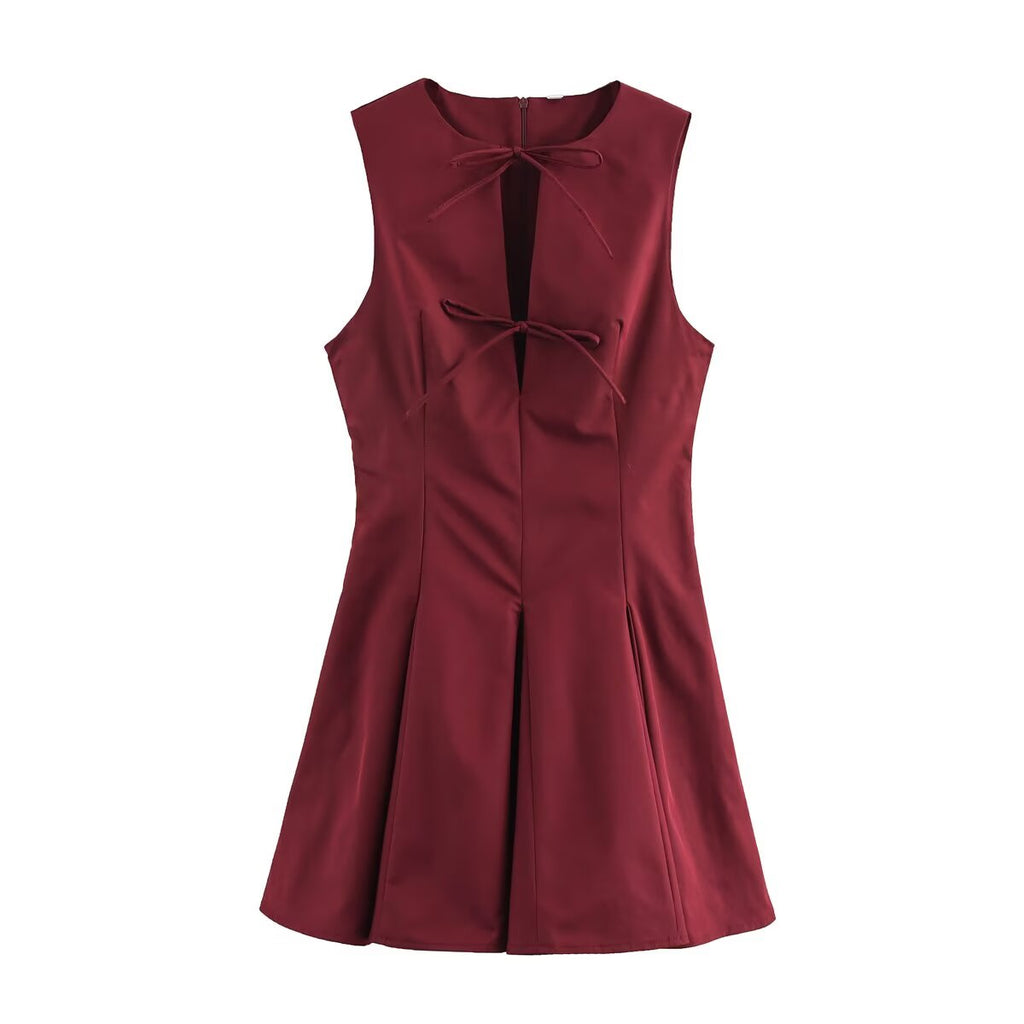 Spring Women Clothing Wide Swing Bowknot Decoration Short Dress SHE