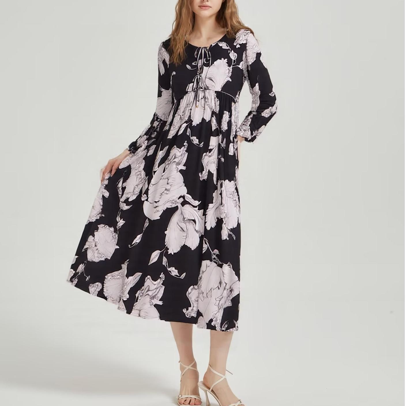 Rayon Printed Tassel Bohemian Loose Long Sleeve Dress Summer Casual YiPin