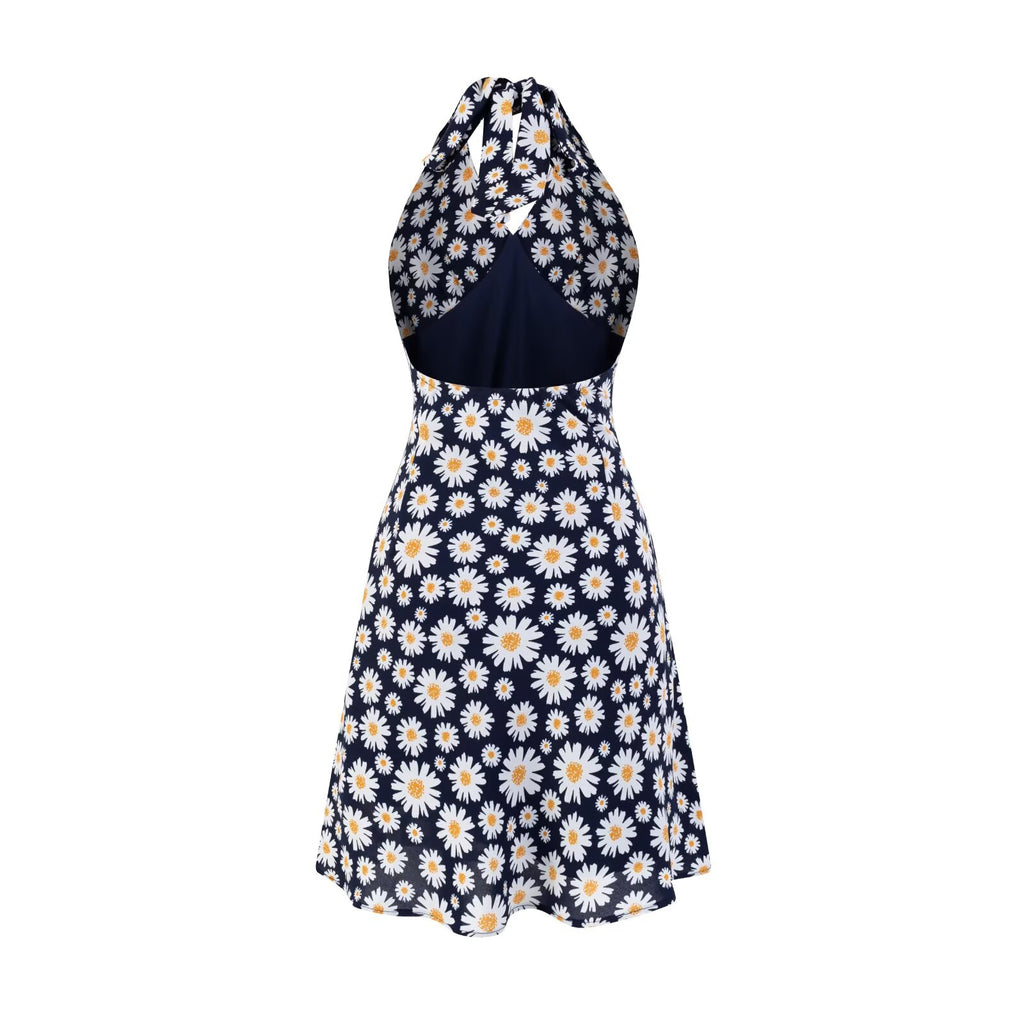 Summer Sexy Sexy High Waist Slim Fit Little Daisy Printed Halter Backless Dress Short PullWind