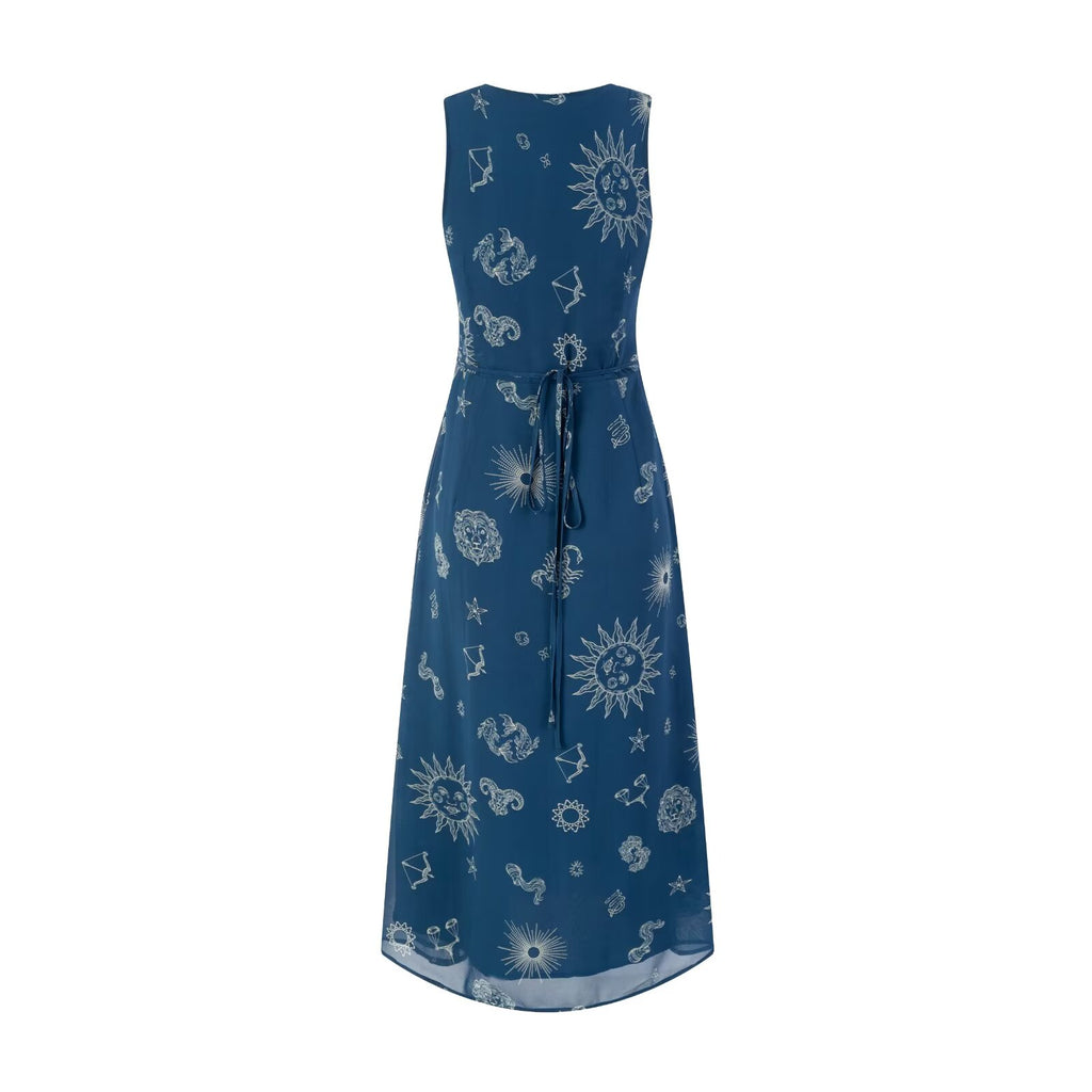 Retro Vacation Deep V Plunge neck Sleeveless Vest Dress Chest Lace Stitching Printing Waist Controlled Lace up Dress PullWind