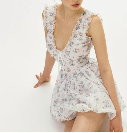 Spring Summer Women Clothing Sexy Fresh Printed V neck Tulle Dress