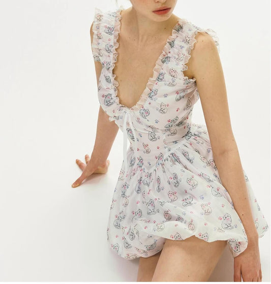 Spring Summer Women Clothing Sexy Fresh Printed V neck Tulle Dress