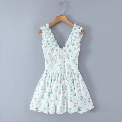 Spring Summer Women Clothing Sexy Fresh Printed V neck Tulle Dress