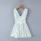 Spring Summer Women Clothing Sexy Fresh Printed V neck Tulle Dress