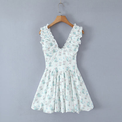 Spring Summer Women Clothing Sexy Fresh Printed V neck Tulle Dress