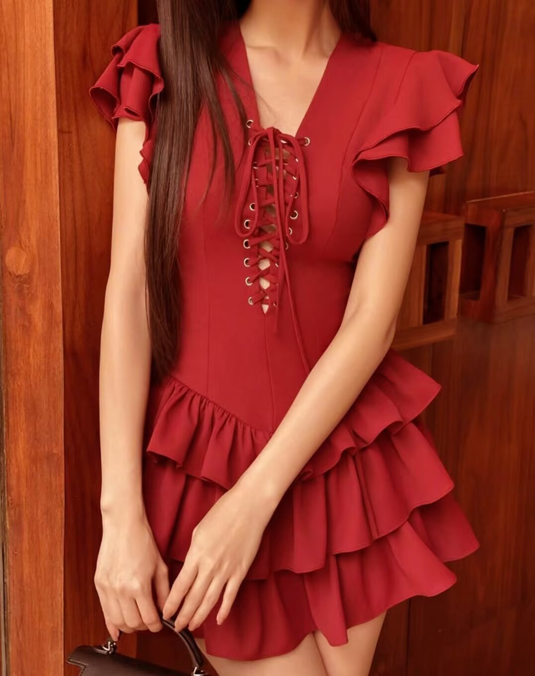 Summer Women Sexy Flying Sleeve Lace up Slim Fitting Patchwork Solid Color Tiered Dress Aiostar