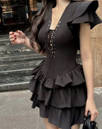 Summer Women Sexy Flying Sleeve Lace up Slim Fitting Patchwork Solid Color Tiered Dress Aiostar
