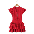 Summer Women Sexy Flying Sleeve Lace up Slim Fitting Patchwork Solid Color Tiered Dress Aiostar