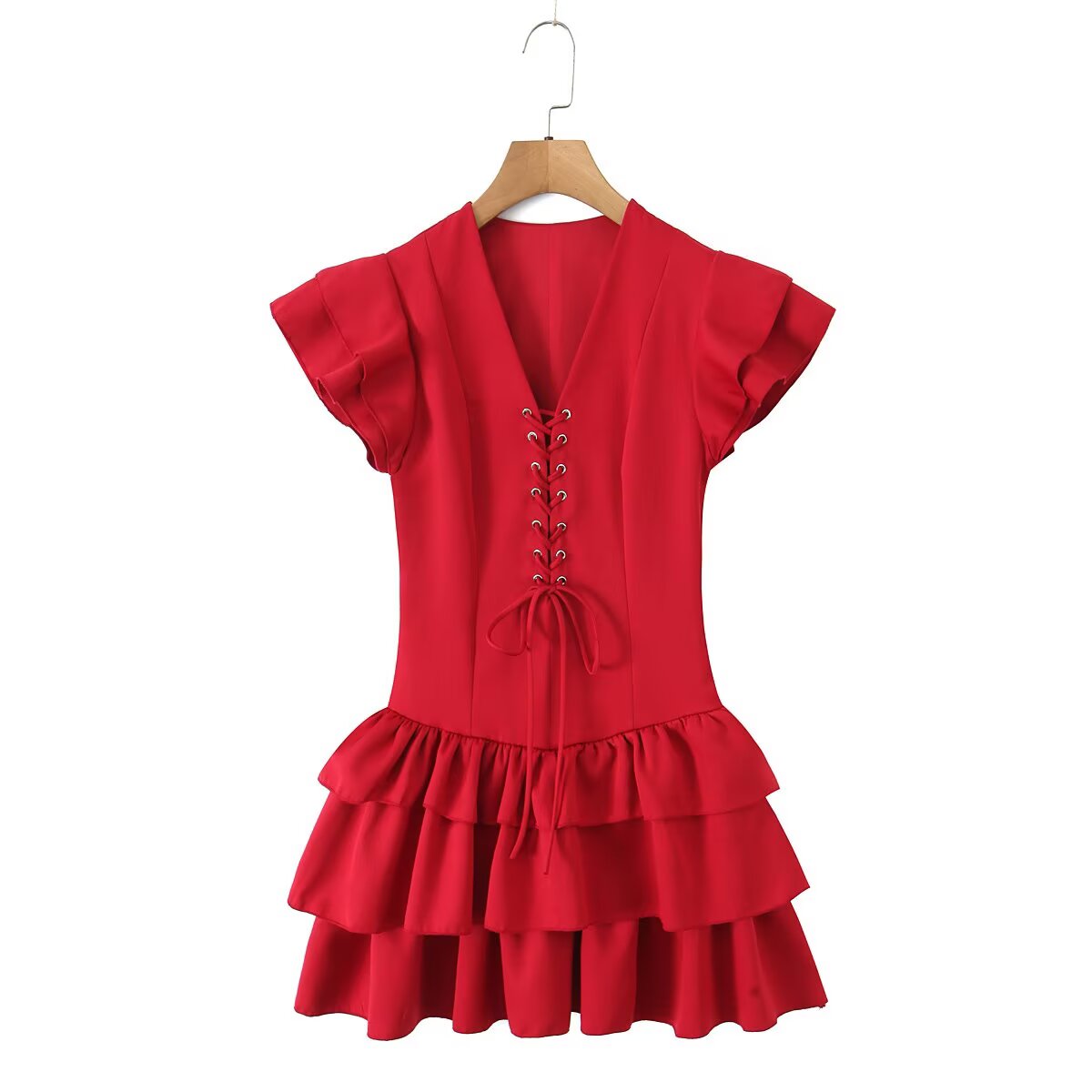 Summer Women Sexy Flying Sleeve Lace up Slim Fitting Patchwork Solid Color Tiered Dress Aiostar