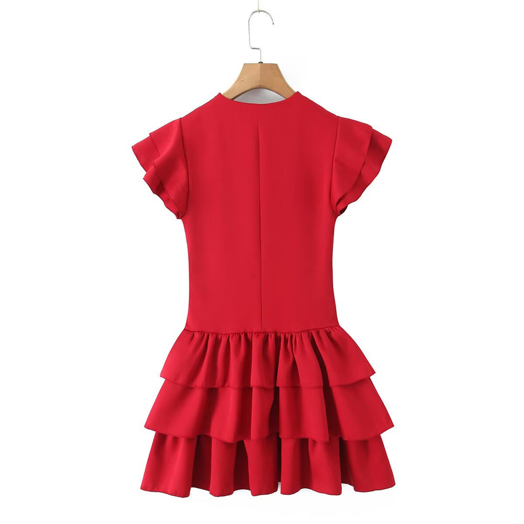 Summer Women Sexy Flying Sleeve Lace up Slim Fitting Patchwork Solid Color Tiered Dress Aiostar