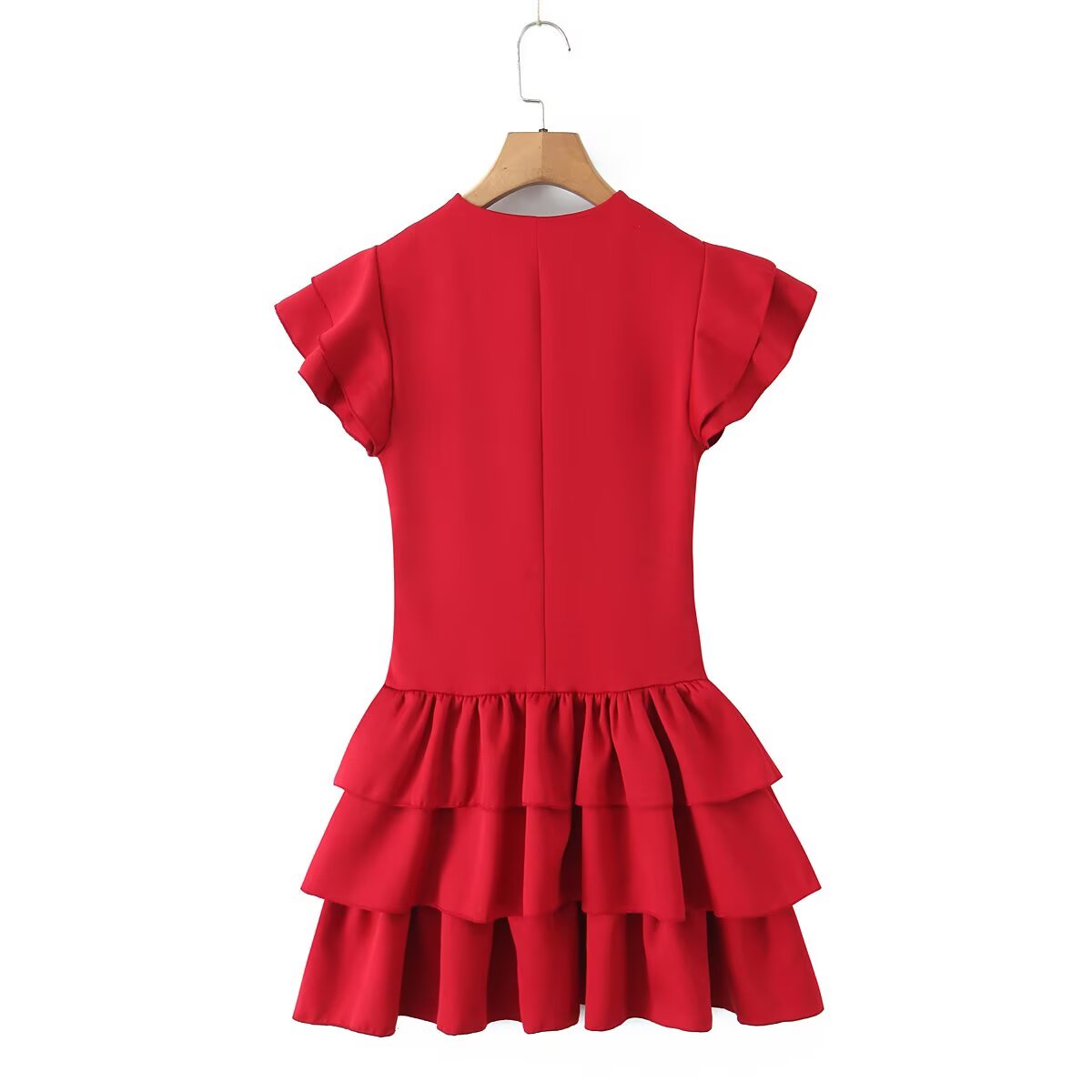 Summer Women Sexy Flying Sleeve Lace up Slim Fitting Patchwork Solid Color Tiered Dress Aiostar