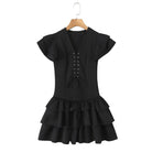 Summer Women Sexy Flying Sleeve Lace up Slim Fitting Patchwork Solid Color Tiered Dress Aiostar