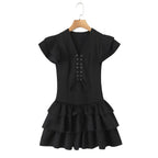 Summer Women Sexy Flying Sleeve Lace up Slim Fitting Patchwork Solid Color Tiered Dress Aiostar