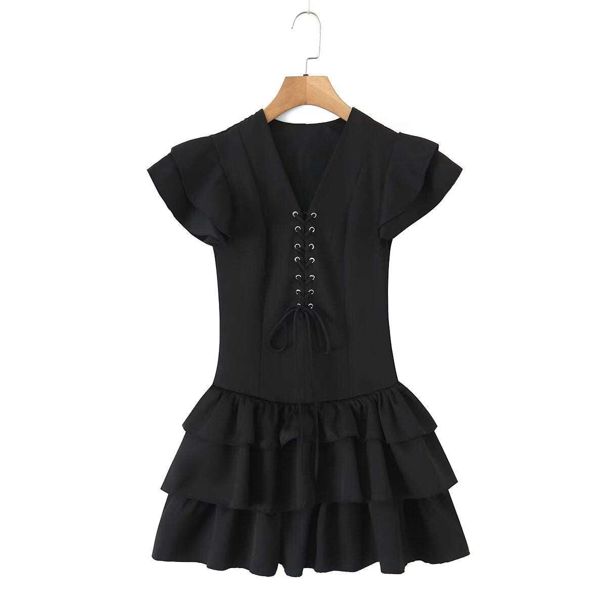 Summer Women Sexy Flying Sleeve Lace up Slim Fitting Patchwork Solid Color Tiered Dress Aiostar