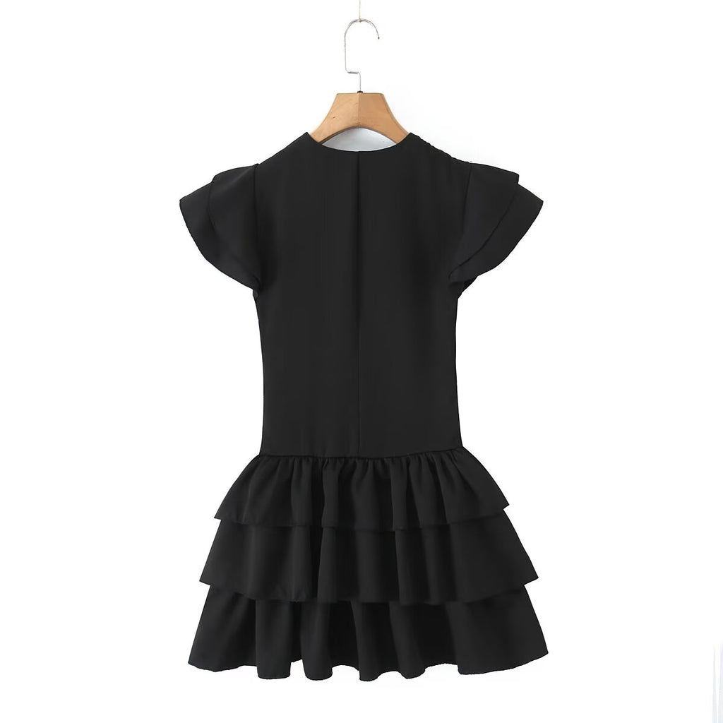 Summer Women Sexy Flying Sleeve Lace up Slim Fitting Patchwork Solid Color Tiered Dress Aiostar