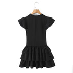 Summer Women Sexy Flying Sleeve Lace up Slim Fitting Patchwork Solid Color Tiered Dress Aiostar