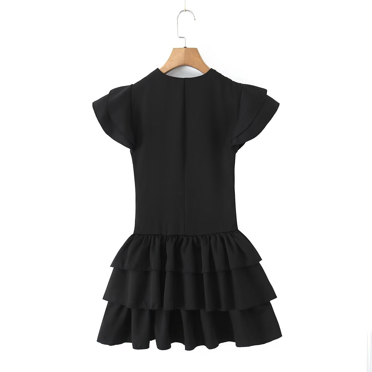 Summer Women Sexy Flying Sleeve Lace up Slim Fitting Patchwork Solid Color Tiered Dress Aiostar