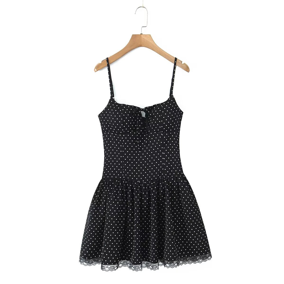 Summer Women Sexy Polka Dot Camisole Stitching Lace Bow Dress Aiostar