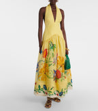 Summer Printing Halter Backless Large Swing Deep V Plunge neck Linen Dress Women Gemi