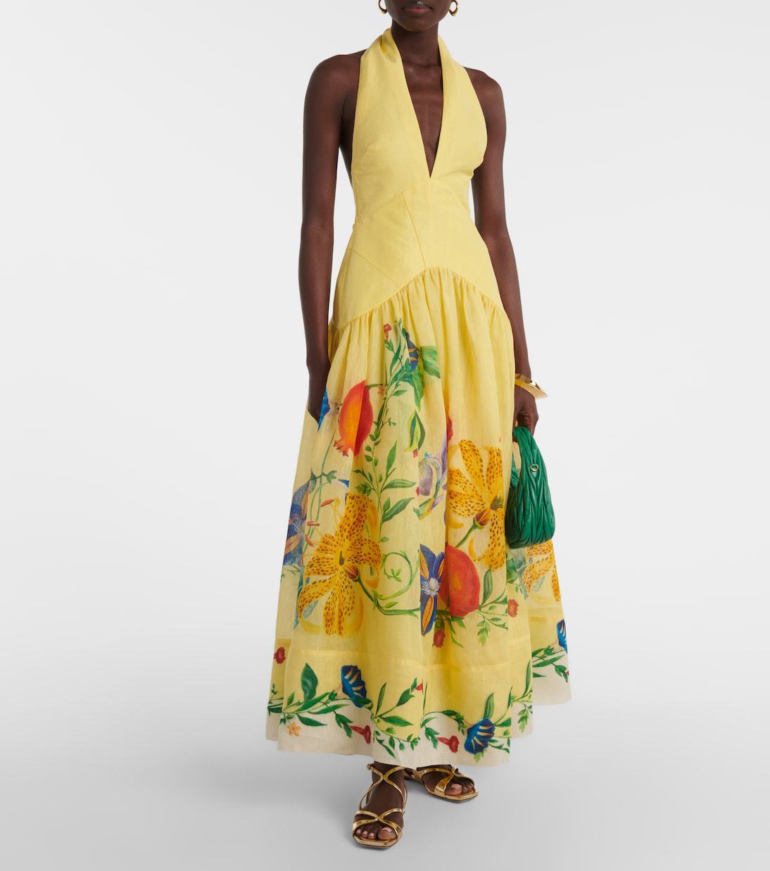 Summer Printing Halter Backless Large Swing Deep V Plunge neck Linen Dress Women Gemi