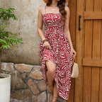 Women Elegant Geometric Print Halter Slip Dress Casual Holiday Belted Beach Dress ANA