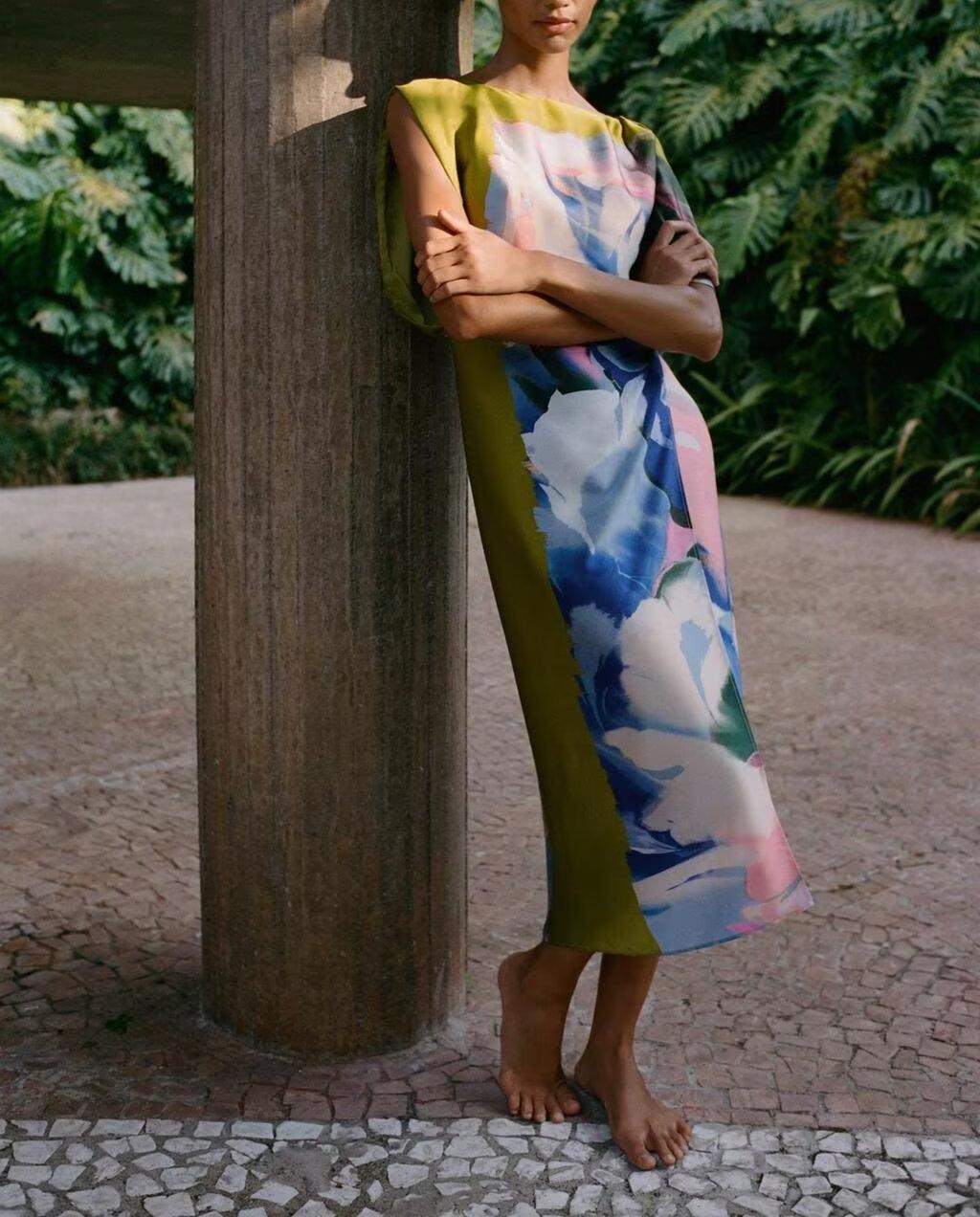 Summer Asymmetric Printed Waist Controlled Midi Dress Shell