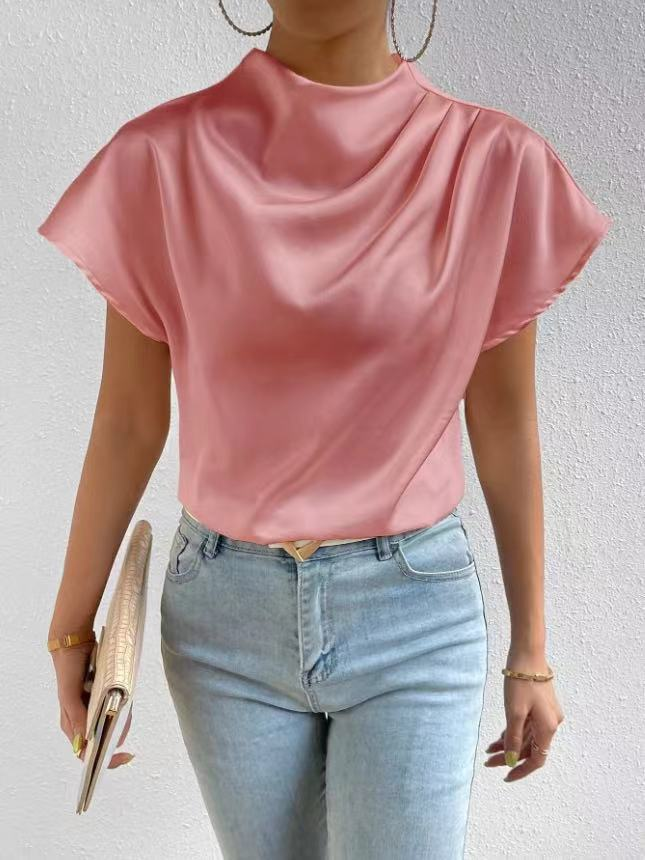 Round Neck Short Sleeve Left Shoulder Pleated T shirt Satin Women Top