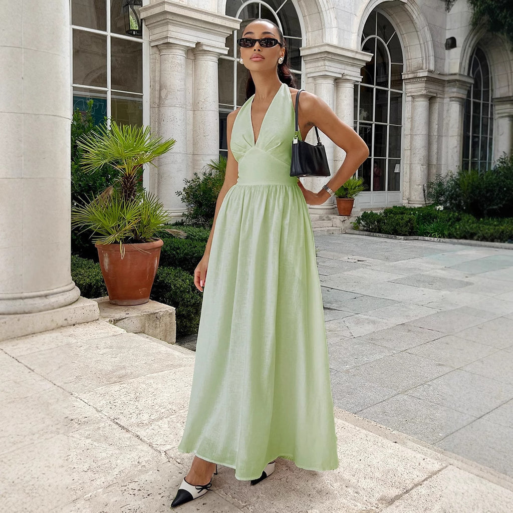 Pure Cottom Maxi Dress Spring Summer Tight Waist V neck Lace up Long Dress Large Swing Dress Women BlueLine