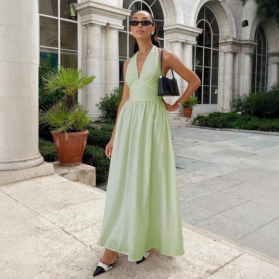 Pure Cottom Maxi Dress Spring Summer Tight Waist V neck Lace up Long Dress Large Swing Dress Women BlueLine