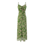 Spring Summer Beach Vacation Casual Floral Print Green Background Suspender Dress PullWind