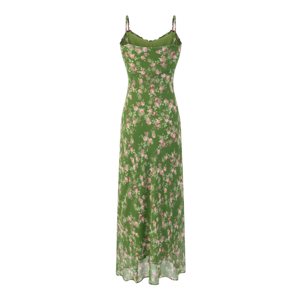 Spring Summer Beach Vacation Casual Floral Print Green Background Suspender Dress PullWind
