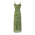 Spring Summer Beach Vacation Casual Floral Print Green Background Suspender Dress PullWind