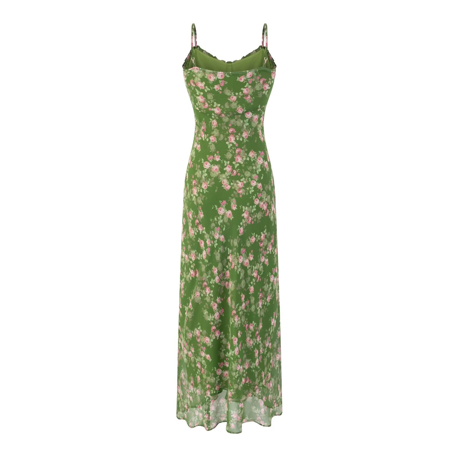 Spring Summer Beach Vacation Casual Floral Print Green Background Suspender Dress PullWind