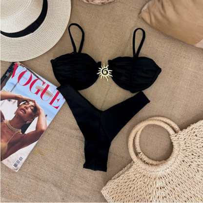 Bikini de dos piezas con realce y soporte de acero de color sólido para mujer