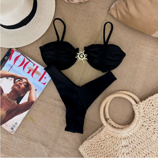 Bikini de dos piezas con realce y soporte de acero de color sólido para mujer